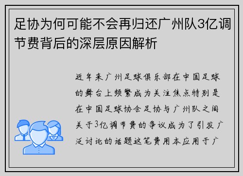 足协为何可能不会再归还广州队3亿调节费背后的深层原因解析